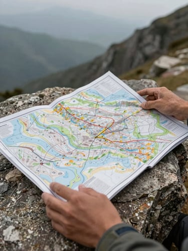 Close documentary framing: a guide's hands spread open a topographic map on a rough stone surface, mountain wind visible in the paper's edge, natural overcast light, no posed elements, texture of worn paper and weathered hands