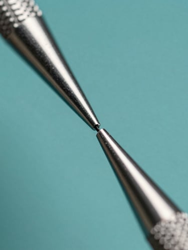 Extreme close-up of a premium dental elevator tip, showing the sharp technical bevel and sterile steel finish, cool surgical teal reflections, zero warm light, high depth of field.