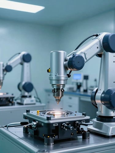 Wide shot of a sterile clean-room manufacturing facility, robotic milling machines, cool blue and surgical teal lighting, high-tech precision environment