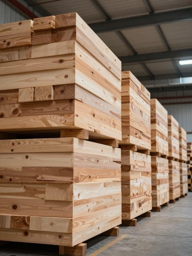 Wide environmental shot from a low angle, looking along a long row of stacked and banded hardwood timber bundles in a large Latvian warehouse — bundles recede into the distance under bright even overhead lighting, showing the full logistics scale of the operation. Pale ash and warm alder tones dominate. No people, no branding.
