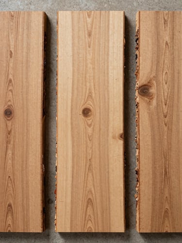 Extreme close-up overhead flat-lay of rough-sawn hardwood cross-sections arranged side by side on a concrete surface, even neutral daylight rendering grain pattern and annual ring detail accurately, three or four different section sizes visible, no text or labels