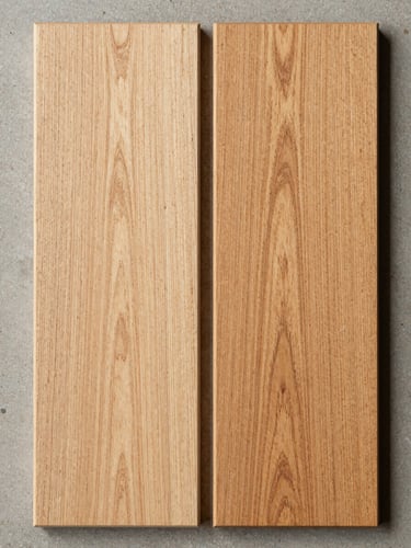 Extreme close-up overhead flat-lay of two hardwood plank samples side by side — pale fine-grained alder on the left and slightly warmer aspen on the right — on a clean concrete surface, even studio daylight rendering grain and surface texture accurately, no people, no tools, no text overlays