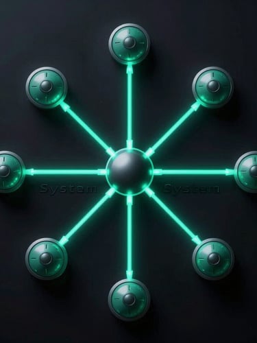 Symmetrical system node diagram showing structured data routing paths in bright cyan and cyber-green light on a dark background