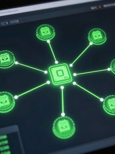 Macro view of active n8n automation canvas on a dark terminal screen, glowing green connection lines linking secure database nodes, cyber-green accents, high fidelity UI detail.