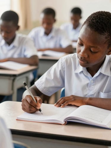 Focused Ghanaian high school student reviewing notes in a well-lit classroom, pen in hand, with textbooks open on a desk. Bright, natural daylight, warm and encouraging tones, shallow depth of field, over-the-shoulder framing.