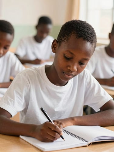 Young Ghanaian student focused on writing in a notebook, bright natural daylight, warm academic tones, shallow depth of field, authentic classroom setting