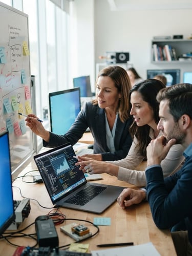 Candid editorial photography of active educators collaborating in a bright modern lab space, close-up of digital interfaces alongside physical sticky notes, soft daylight with cool screen glow, 50mm lens