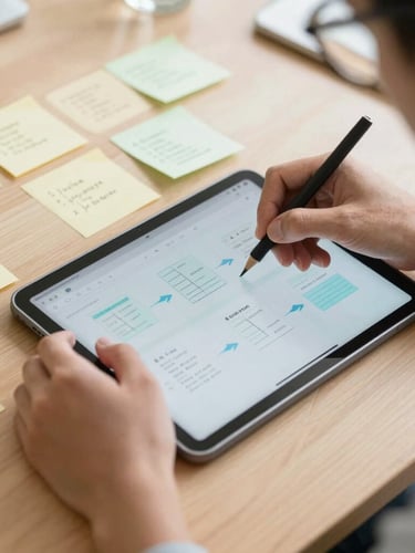 Close-up of an educator's hands configuring an AI interface on a tablet, physical sticky notes with pedagogical frameworks on a wooden table, candid editorial photography.