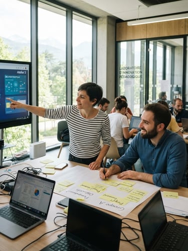 Candid editorial photography of a modern collaborative lab space in France, bright natural daylight, educators working with digital interfaces and physical sticky notes, 50mm lens.