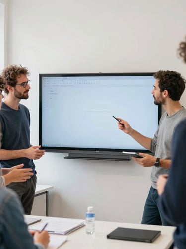 A diverse group of European teachers collaborating in a bright Marseille workshop space, sharing ideas on a digital whiteboard, soft natural daylight.
