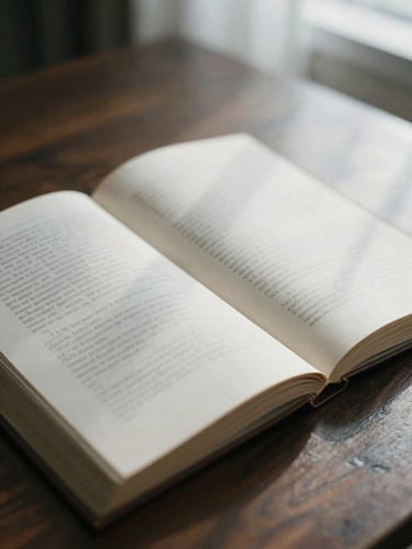 A close-up of an open linen-bound book on a dark wooden table, soft window light casting long shadows across the pages.