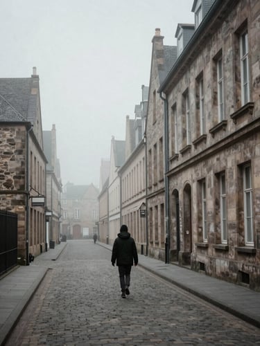 A solitary figure walking through a quiet, misty European street with historic stone architecture, soft overcast daylight, desaturated muted tones, high contrast.
