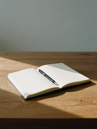A quiet, minimalist workspace with an open notebook, a fountain pen, and soft morning shadows falling across a wooden desk, 35mm film grain.