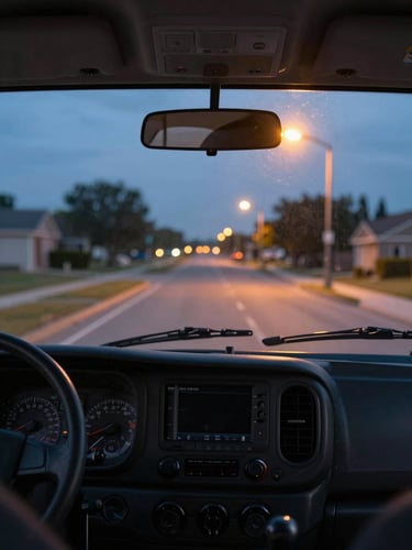 Driver's-eye view from inside a delivery cab at dusk, dashboard visible in foreground, amber streetlight washing across a suburban route, windshield framing the road ahead, operational and unposed