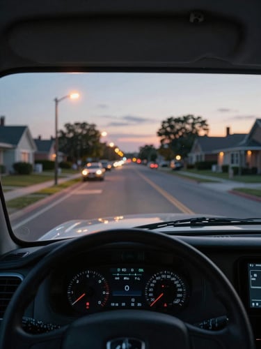 Driver's-eye view from inside a delivery cab at dusk, dashboard visible in foreground, a suburban street with last-mile stops ahead, amber street lighting, windshield framing the route ahead, documentary feel