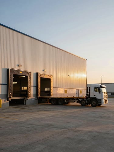 Environmental wide shot of a regional distribution facility at golden hour, loading dock doors partially open, a single flatbed truck pulling out, amber light cutting across the concrete yard, low horizon