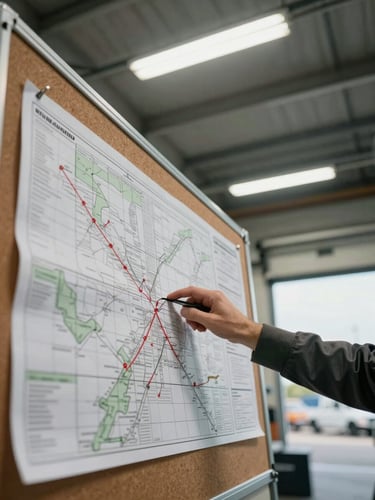Wide-angle view inside a dispatch center, route printouts pinned to a corkboard under fluorescent overhead light, a driver's hand tracing a line across a wall-mounted route map, warehouse bay doors open in the background