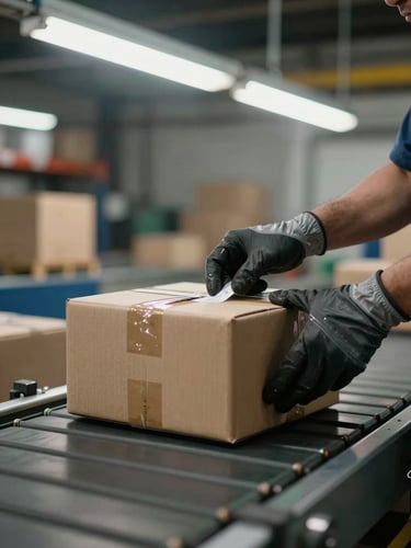 Close-up of a warehouse workflow in motion—a single package on a conveyor belt under overhead fluorescent light, a worker's gloved hands adjusting a label, quiet industrial detail in the background