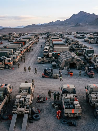 Wide panoramic of a tactical logistics fleet in a staging area at dawn, heavy-duty trucks and specialized vehicles, cool desaturated tones with safety orange accents, sharp focus, 35mm lens.