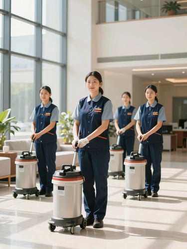 Impeccably uniformed cleaning professional using advanced equipment in a bright, sunlit modern corporate office lobby, warm editorial photography, 35mm
