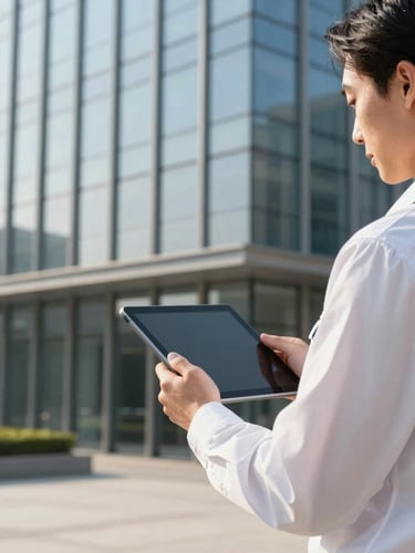 Close-up of a professional inspector in a clean uniform holding a digital tablet, analyzing a pristine corporate glass facade, warm natural daylight, 35mm