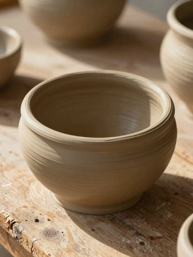 Close-up of raw clay pottery drying in warm sunlight on a rustic wooden table, soft shadows, tactile textures, 35mm