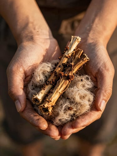 Intimate close-up of hands holding raw sheep wool dyed with natural plant roots, warm golden hour side-lit, rich earth tones