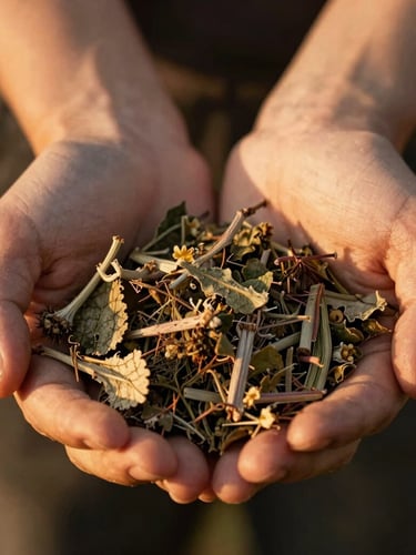 A close-up of hands holding raw organic mountain herbs, warm golden hour side-light, rich earth tones, tactile textures, shallow depth of field, 35mm