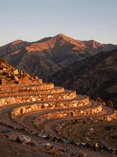 Wide environmental landscape of high Andean mountain peaks at golden hour, soft warm light reflecting off ancient stone terraces, 35mm photography