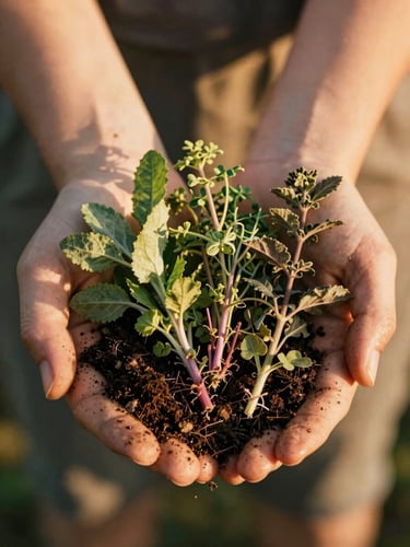 Close-up of hands holding raw organic herbs and soil, warm golden-hour side light, soft focus, 35mm photography