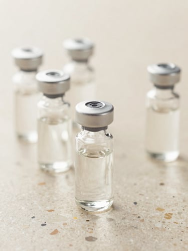 Macro shot of pristine clinical glass vials on a warm travertine stone surface, soft diffused daylight, elegant pharmaceutical packaging, 35mm
