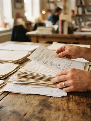 Close-up of hands organizing physical documents on a wooden table, soft natural daylight, warm realistic tones, 35mm lens