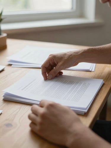 Close-up of hands organizing physical documents on a clean wooden desk, soft natural daylight from a window, realistic textures, 35mm lens