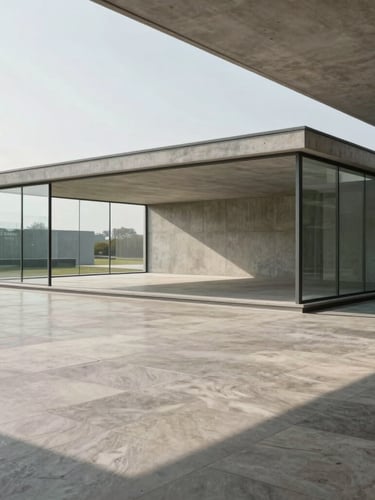 Wide-angle architectural shot of a minimalist concrete and glass pavilion, soft natural daylight casting sharp structural shadows across polished limestone floors, empty and immaculate.