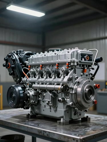 Industrial commercial photography, dramatic overhead warehouse lighting, a clean heavy-duty diesel engine sitting on a steel workbench in an authentic workshop bay, sharp focus, 35mm