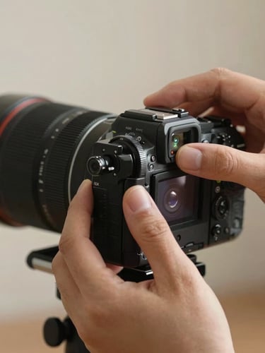 Cinematic close-up of hands adjusting a camera rig focus ring, soft lighting, warm elegant tones.