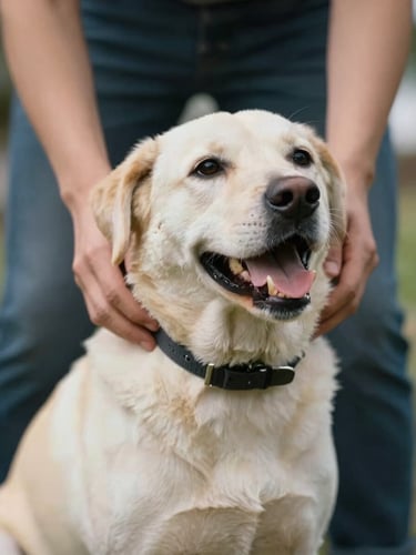 Cinematic close-up of hands gently placing a collar on a healthy, happy rescued dog, soft natural lighting, shallow depth of field
