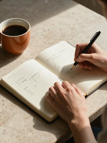 Cinematic medium shot, high-contrast natural light. A woman's hands carefully sketching layouts in an open physical planner next to a warm ceramic cup of black coffee on a textured ivory stone surface, deep artistic shadows.