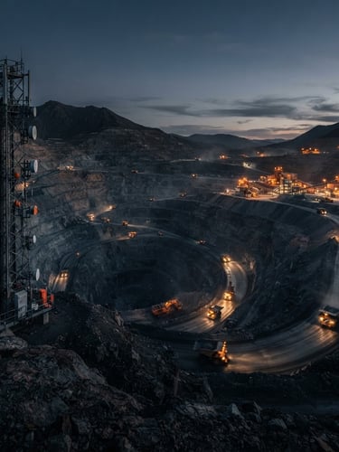 Wide panoramic shot of an open-pit mine at dusk, heavy machinery in operation, with a ruggedized communication tower in the left foreground, low-key dramatic lighting, cool slate and deep navy tones, sharp amber accents, 35mm lens.