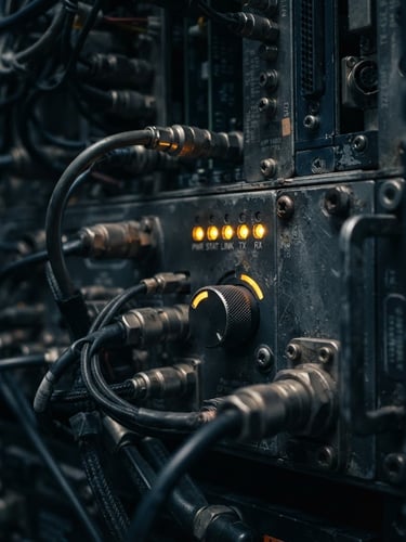 Macro detail shot of ruggedized telemetry hardware with glowing amber status indicators, low-key dramatic lighting, cool slate tones, 35mm lens.