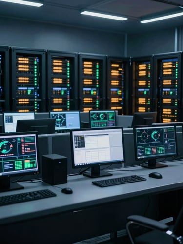 Wide shot of a modern, high-security data center control room, multiple monitors displaying real-time telemetry, low-key dramatic lighting with amber and green status indicator highlights, cool blue and slate tones.