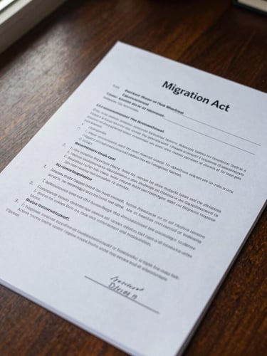 A close-up, top-down view of crisp legal documents and the Migration Act text on a dark oak desk, natural daylight from a side window illuminating the pages.
