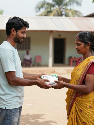 A volunteer handing a fresh nutrition package to a mother in a bright village courtyard in Andhra Pradesh, natural Indian daylight, authentic documentary photography