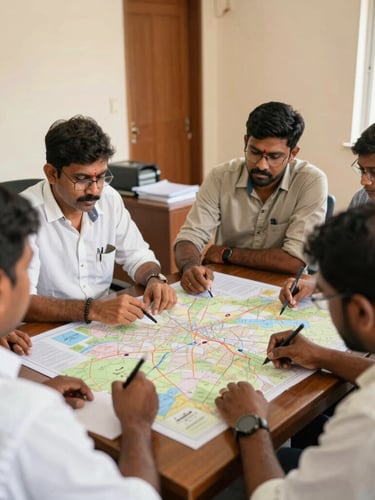A professional office meeting in Andhra Pradesh, local coordinators planning community outreach on a map, bright natural daylight, authentic documentary style.