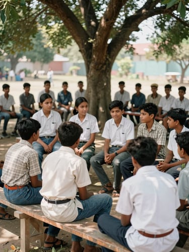 An open-air community training camp with local youth sitting on wooden benches under a shade tree, bright daylight, candid 35mm lens