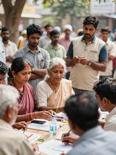 Candid documentary shot of Indian community volunteers in Andhra Pradesh conducting a local information drive, bright natural daylight, warm organic tones, 35mm lens