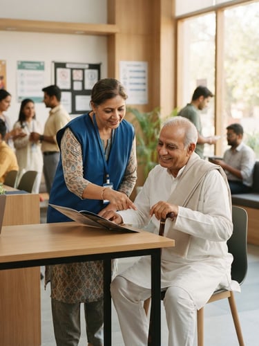 A professional Indian community helpdesk, bright natural daylight, a local volunteer in a blue vest guiding an elderly citizen with dignity, modern clean environment, 35mm lens