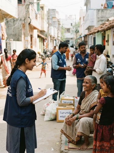 Candid documentary shot of active community volunteers in branded vests coordinating with local families in an Andhra Pradesh neighborhood, bright natural daylight, 35mm lens.