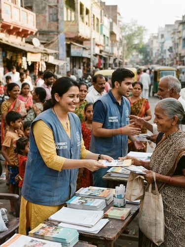 Candid documentary photograph of local Indian volunteers in branded blue vests organizing community outreach under bright daylight, 35mm lens, warm organic tones