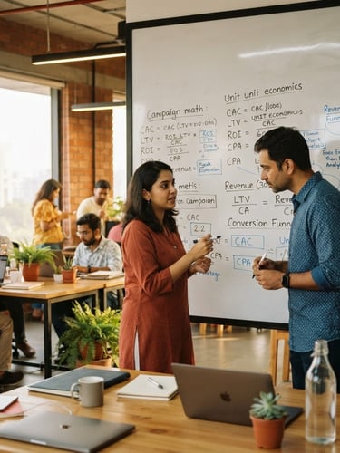 Warm editorial photography of a modern sunlit office interior in Ahmedabad, a large whiteboard showing campaign math and unit economics formulas, bright natural daylight, 35mm